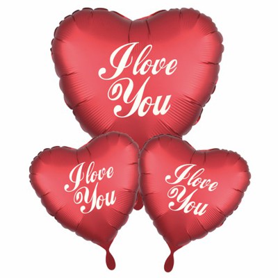 Bouquet aus roten I Love You Herzluftballons mit Helium schwebend zum Valentinstag. Originelles Geschenk!